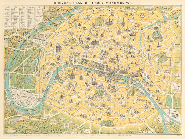 Antique Travel Pictorial Map of Paris: Nouveau Plan de Paris Monumental by L. Guilman, 1926