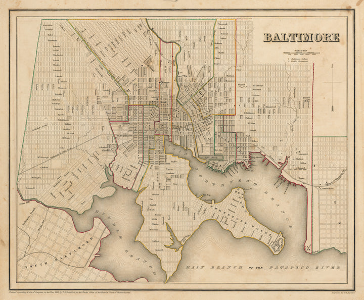 Antique Map of Baltimore, MD by Thomas G. Bradford, 1841