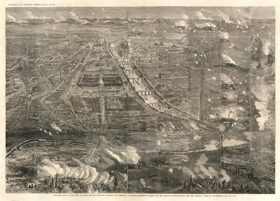 Harper's Weekly Bird's Eye View - Franco-Prussian War: Pictorial map of the city of Paris and its environs, showing the principal buildings, monuments, parks, etc., the French fortifications, and the Prussian lines of investment.
