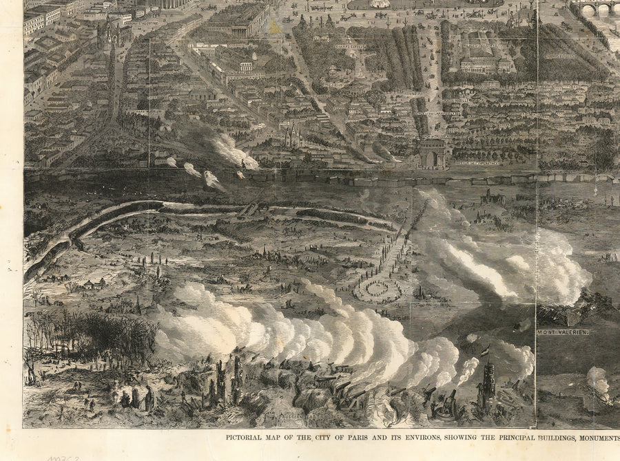 Harper's Weekly Bird's Eye View - Franco-Prussian War: Pictorial map of the city of Paris and its environs, showing the principal buildings, monuments, parks, etc., the French fortifications, and the Prussian lines of investment.