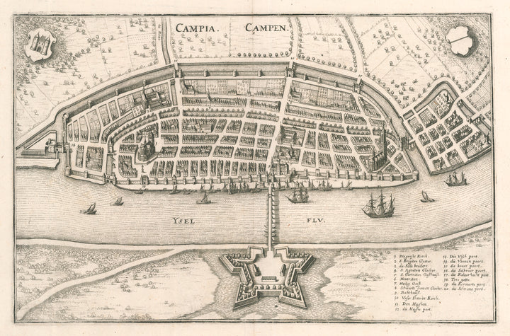 Antique Map of Campia. Campen.  Mathaus Merian, 1638.