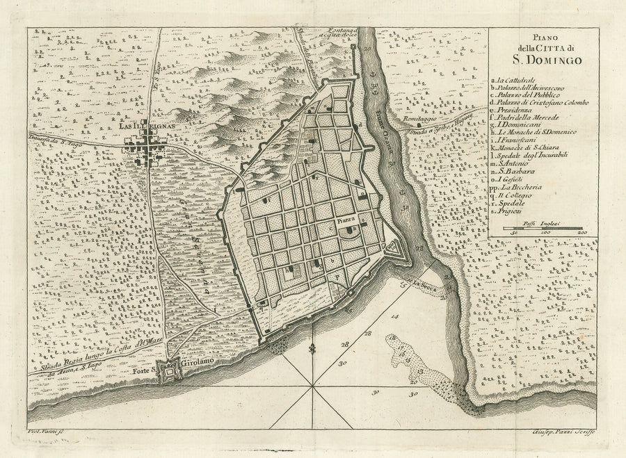 Antique Map of Santo Domingo, Dominican Republic: Plano della Citta di S. Domingo by Giovanni Tommaso Masi, 1777