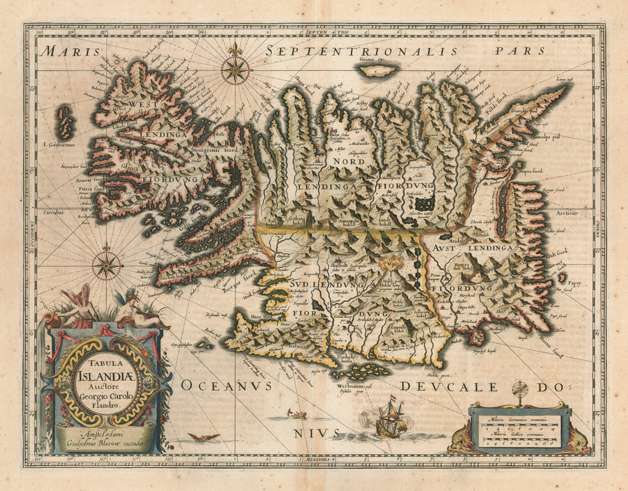 Antique Map of Iceland: Tabula Islandiae Auctore Georgio Carolo Flandro. Blaeu, 1640 