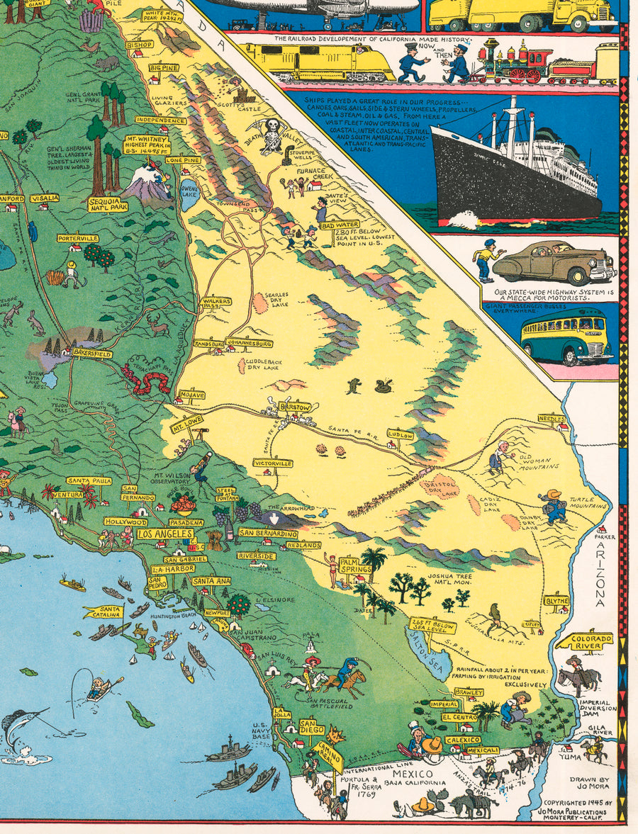 Mid-Century Pictorial Map of California by Jo Mora, 1945