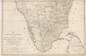 The Peninsula of India, from the Khrishnah River to Cape Comorin: Drawn chiefly from Materials in the Collection of Alexander Dalrymple, Esqr To Whom This Map is Inscribed, By his much obliged & faithful Friend & Servant, J. Rennell 1788