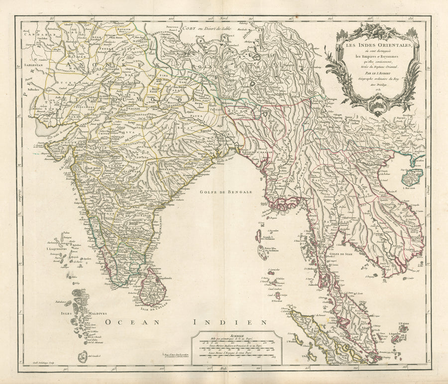 Antique Map of India and Southeast Aisa: Les Indes orientales, où sont distingués les Empires et Royaumes qu’elles contiennent, tirées du Neptune Oriental, par le S. Robert, Geographe ordinaire du Roy, 1751 By: Robert de Vaugondy, 1751.