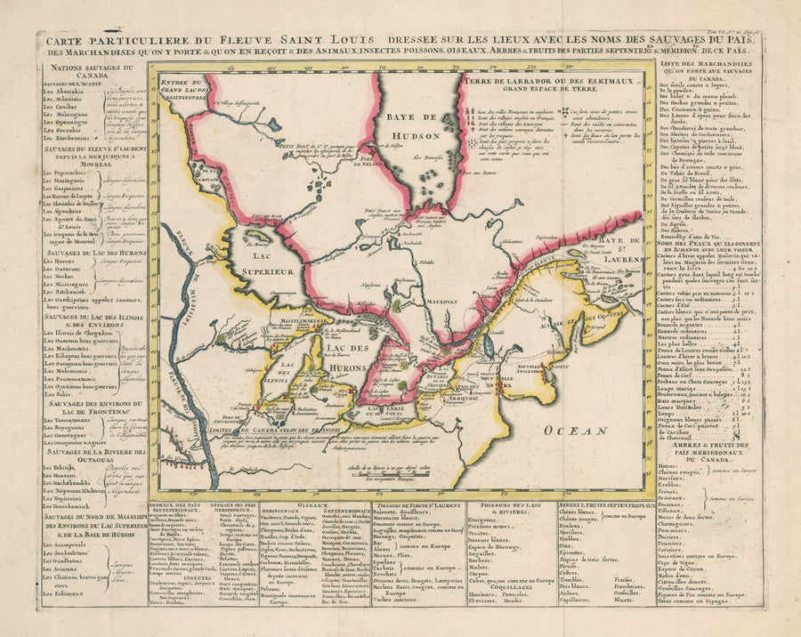 Antique Map of the Great Lakes: Carte Particuliere Du Fleuve Saint Louis Dressee Sur Les Lieux... by Henri Abraham Chatelain, 1719