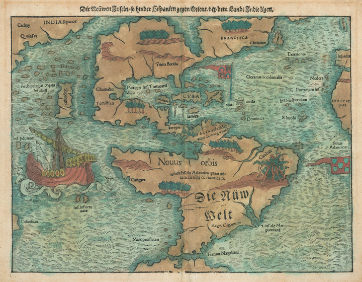 Antique Map of the Americas or Western Hemisphere: Tabula Novarum Insularum quas Diversis Respectibus Occidentales & Indianas uocant By: Sebastian Munster, 1550