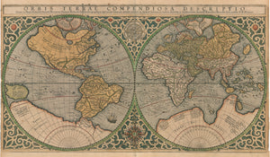 Mercator Double Hemisphere World Map: Orbis terrae compendiosa descriptio | quam ex magna universali Gerardi Mercatoris Domino Richardo Gartho, geographie ac ceterarum bonarum artium amatori ac fautori summo, in veteris amicitie ac familiaritatis memoria By: Gerard and Rumold Mercator / Published by Jodocus Hondius Date: 1587 / 1616