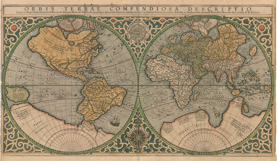 Mercator Double Hemisphere World Map: Orbis terrae compendiosa descriptio | quam ex magna universali Gerardi Mercatoris Domino Richardo Gartho, geographie ac ceterarum bonarum artium amatori ac fautori summo, in veteris amicitie ac familiaritatis memoria By: Gerard and Rumold Mercator / Published by Jodocus Hondius Date: 1587 / 1616