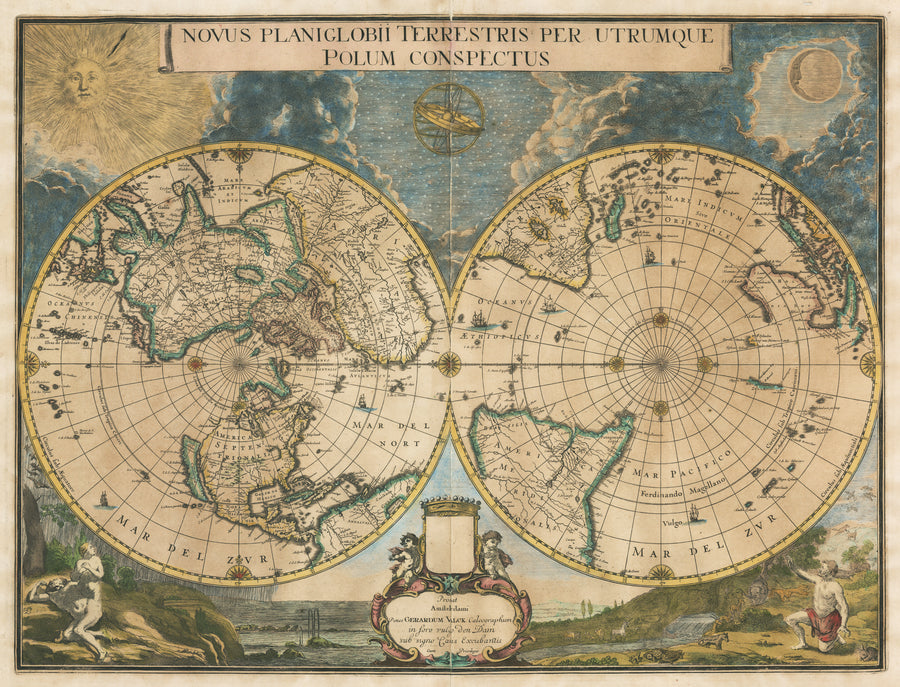 authentic antique map of the world shown in a polar projection. Novus Planiglobii Terrestris Per Utrumque Polum Conspectus By: Willem Blaeu Family / Gerard Valck, 1695.