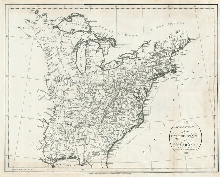 Antique Map of the United States: An Accurate Map of the United States of America according to the Treaty of Paris of 1783 By: John Russell,1794