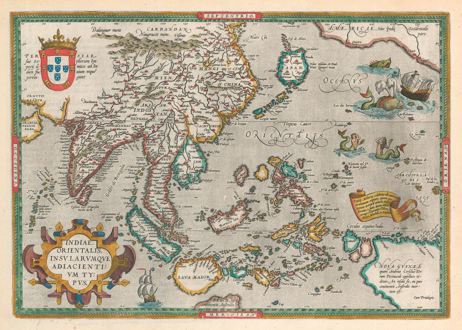 Indiae Orientalis Adiacientium Typus, by Abraham Ortelius, 1592 For Sale: A superb example of Ortelius's map of Southeast Asia and the Spice Islands - Java, Indonesia, Borneo, Japan, Australia, New Guinea, Sea Monsters, Mermaids