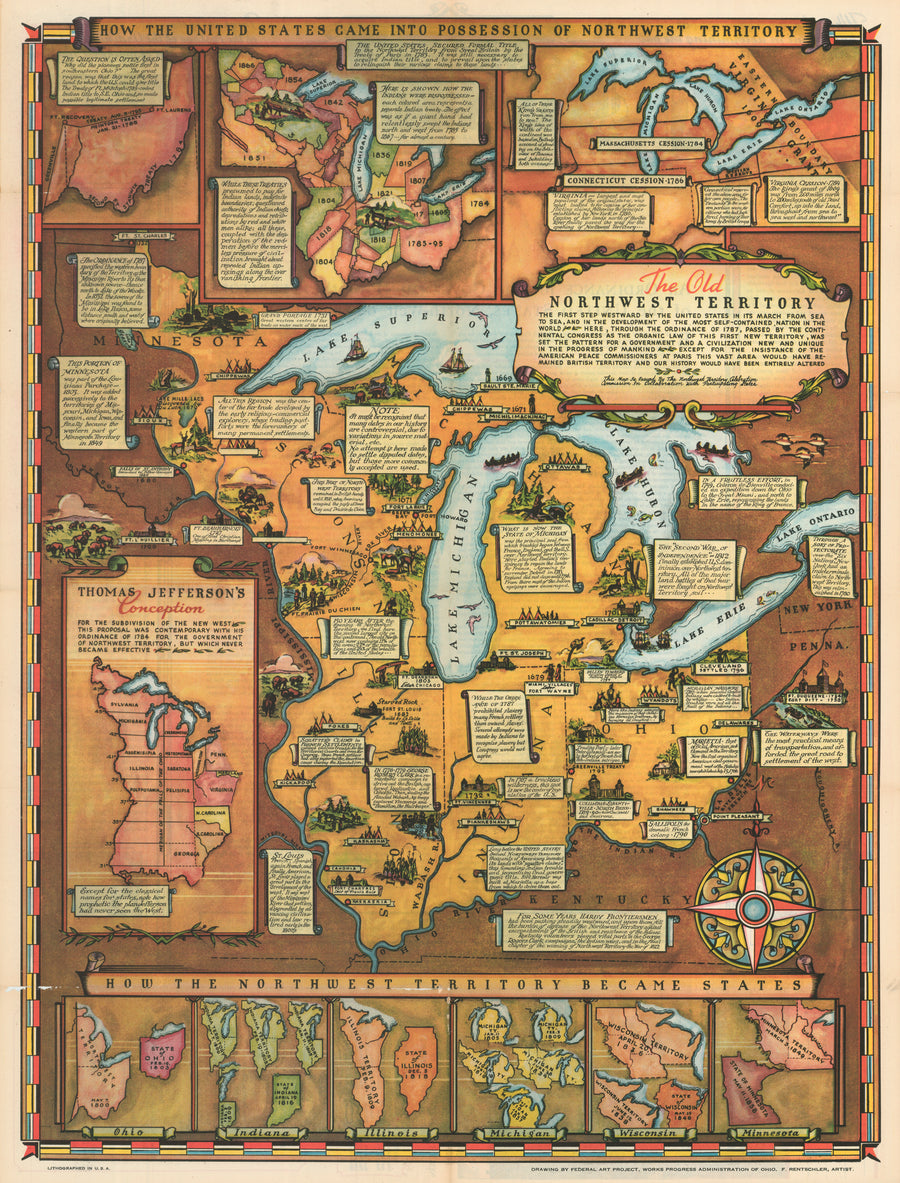 How The United States Came Into The Possession Of Northwest Territory By: Fred Rentschler, Date: 1937- Vintage Map of the Great Lakes area, including Ohio, Indiana, Illinois, Michigan, Wisconsin and Minnesota.