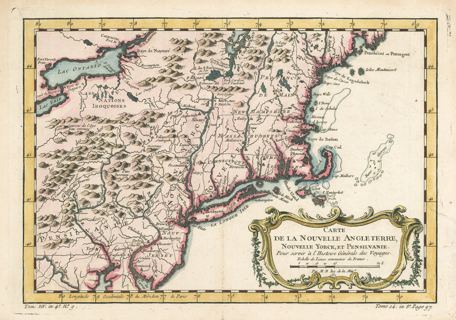 French and Indian War Era Map: Carte de la Nouvelle Angleterre Nouvelle Yorck, et Pennsilvanie. by: Jacques Nicolas Bellin 1757