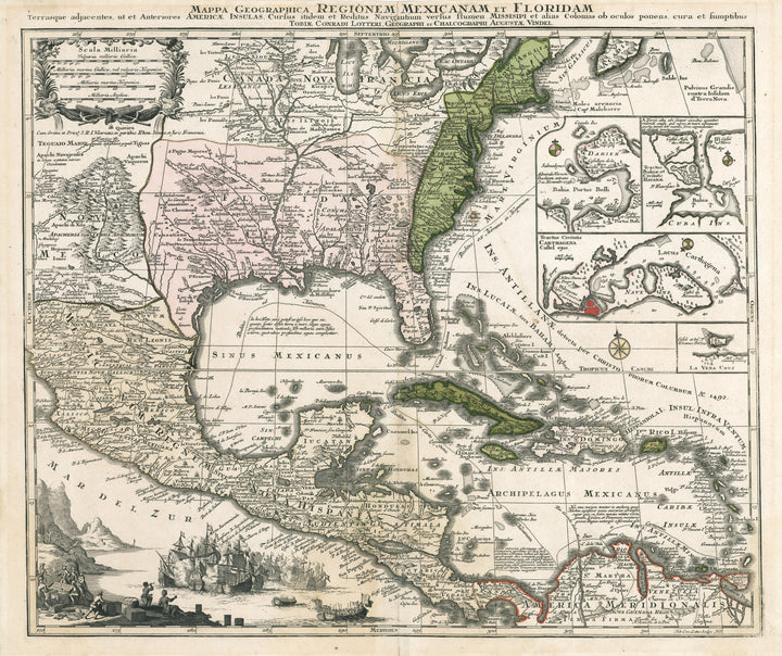 Antique Map of America and Caribbean during the Agre of Pirates: Mappa Geographica Regionem Mexicanam et Floridam… Seutter Lotter, 1750