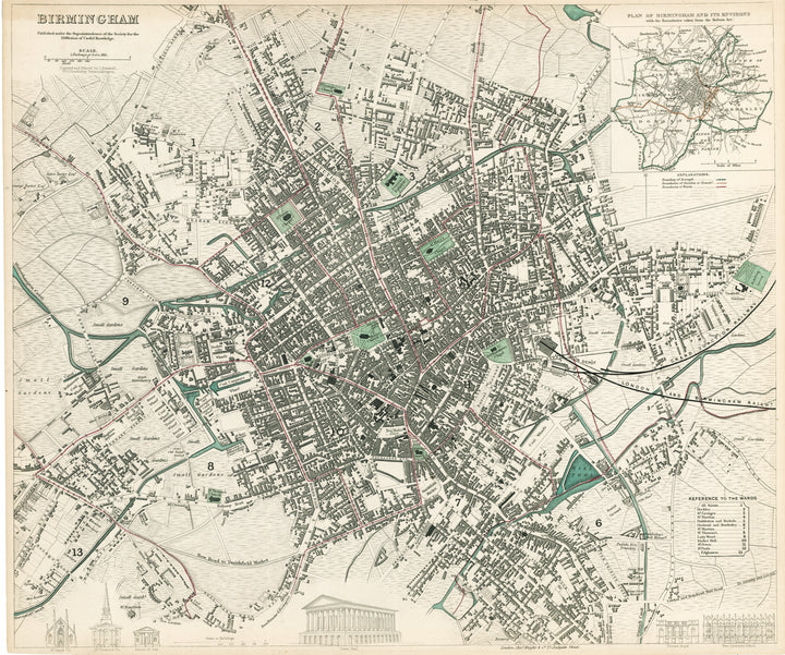 Antique map of Birmingham, England. By SDUK. 1840