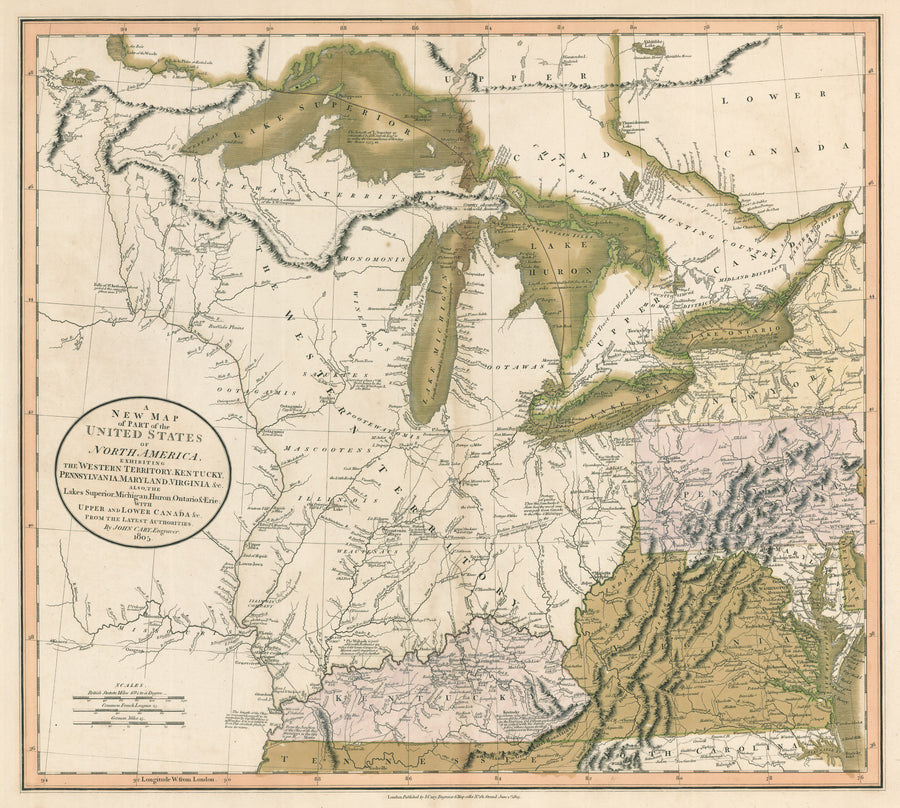 Antique Map of the Northwest Territory: A New Map of Part of the United States of North America, Exhibiting the Western Territory, Kentucky, Penssylvania, Mayland, Virginia &c. also the Lakes Superior, Michigan, Huron, Ontario & Erie. By: John Cary, 1805