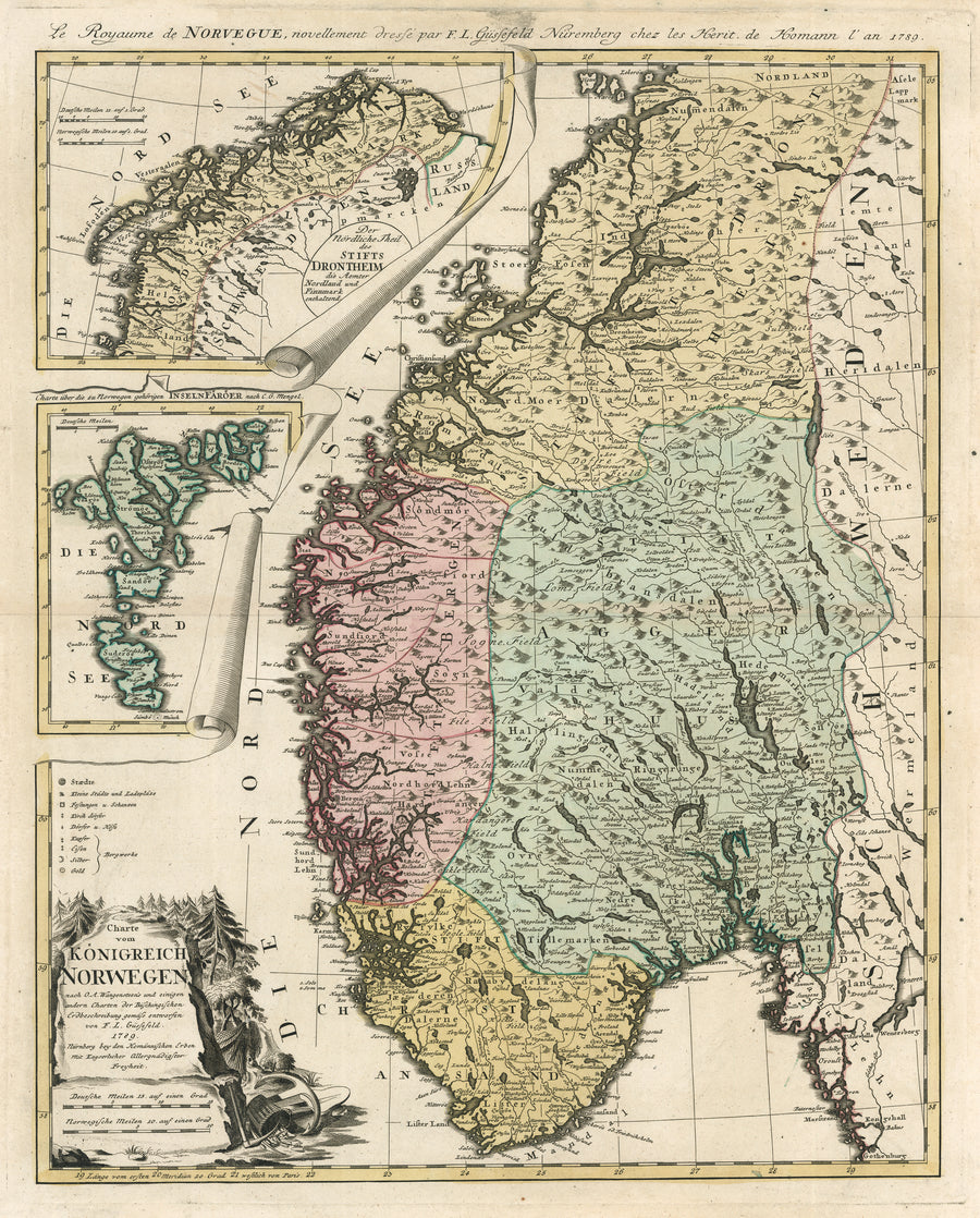 Antique Map of Norway: Charte vom Konigreich Norwegen by Homann Heirs, 1789