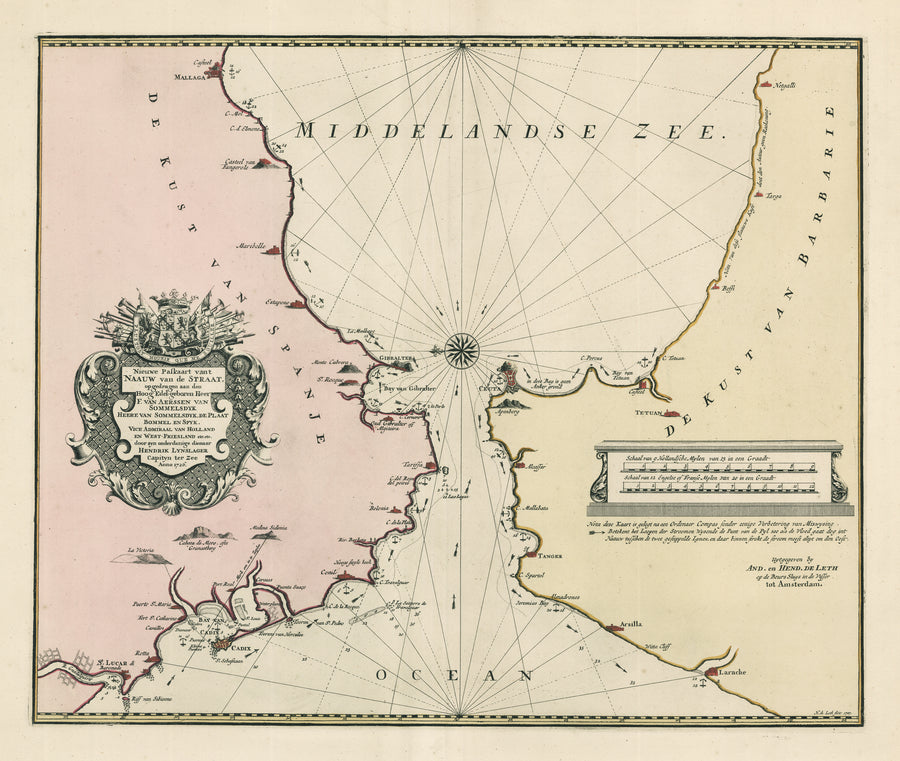 Antique Nautical Map of the Strait of Gibralter by Hendrick de Leth, 1726: Nieuwe Paskaart vant Naauw van de Straat. op gedragen aan den Hoog Edel geboren Heer F. Van Aerssen Van Sommelsduk.