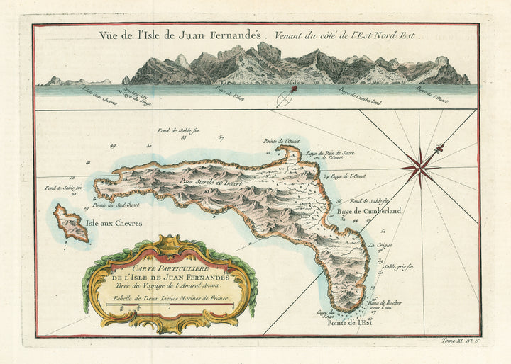 Antique Map of the Juan Ferdinand Islands: Carte Particuliere De ' Isle De Juan Fernandes by Jacques Bellin, 1759