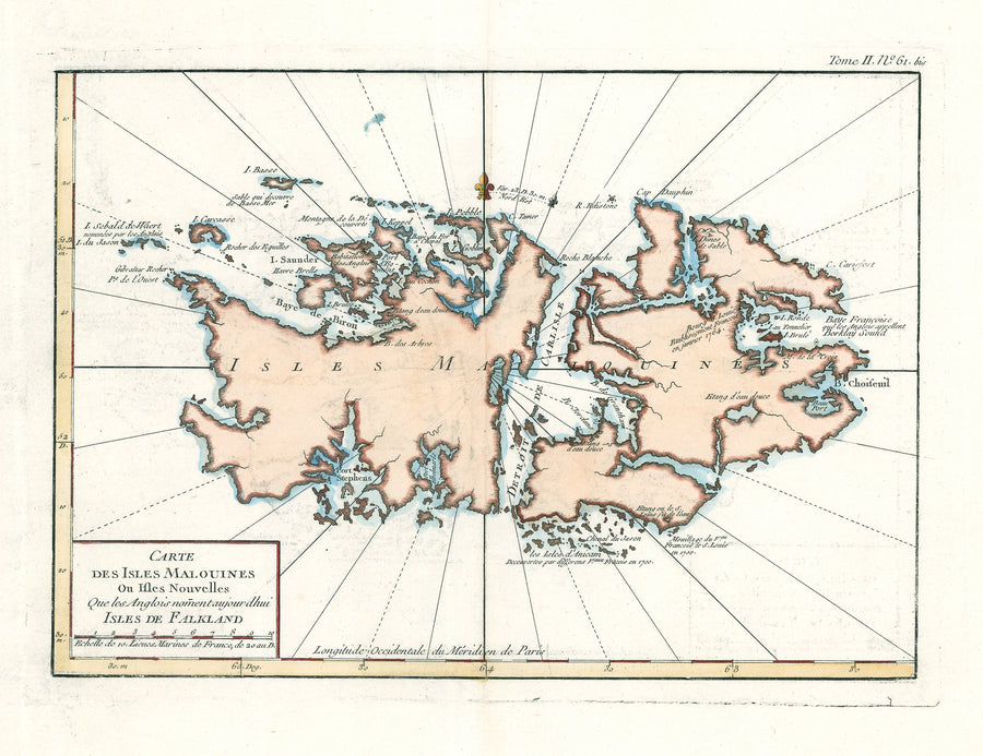 Antique Map of Map of Falkland Islands Carte Des Isles Malouines, Jacques Bellin 1764