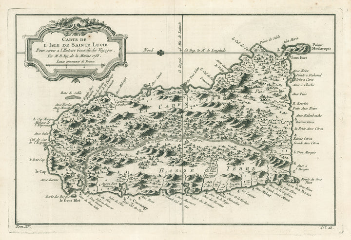 Antique Map of St. Lucia: Carte De l'Isle de Sainte Lucie by Jacques Nicolas Bellin, 1758