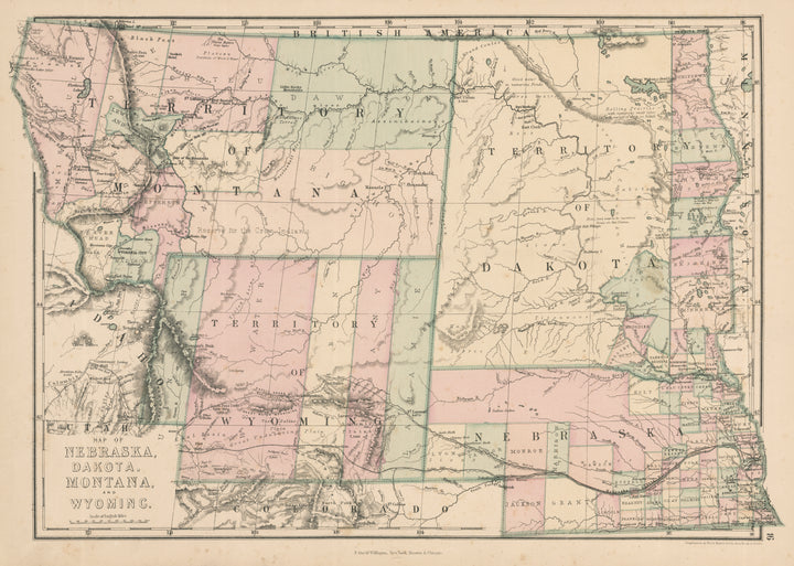 Antique Map of the Northern Plains States, Nebraska, Dakota, Montana, Wyoming by Rogers & A. Keith Johnston NY & J. David Williams,1873