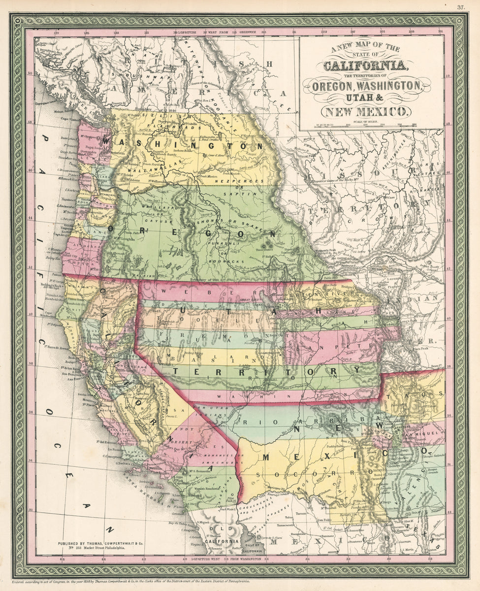 Antique Map of the Western States and Territories by Cowperthwait 1854 ...