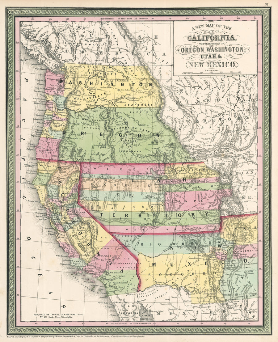 Map of the States of California, Washington, Utah, New Mexico, & Oregon Territories by: Cowperthwait, 1854