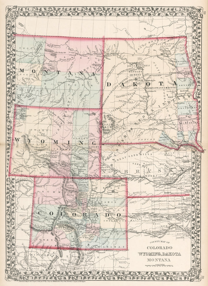 County Map of Colorado, Wyoming, Dakota, Montana by: Mitchell, 1875