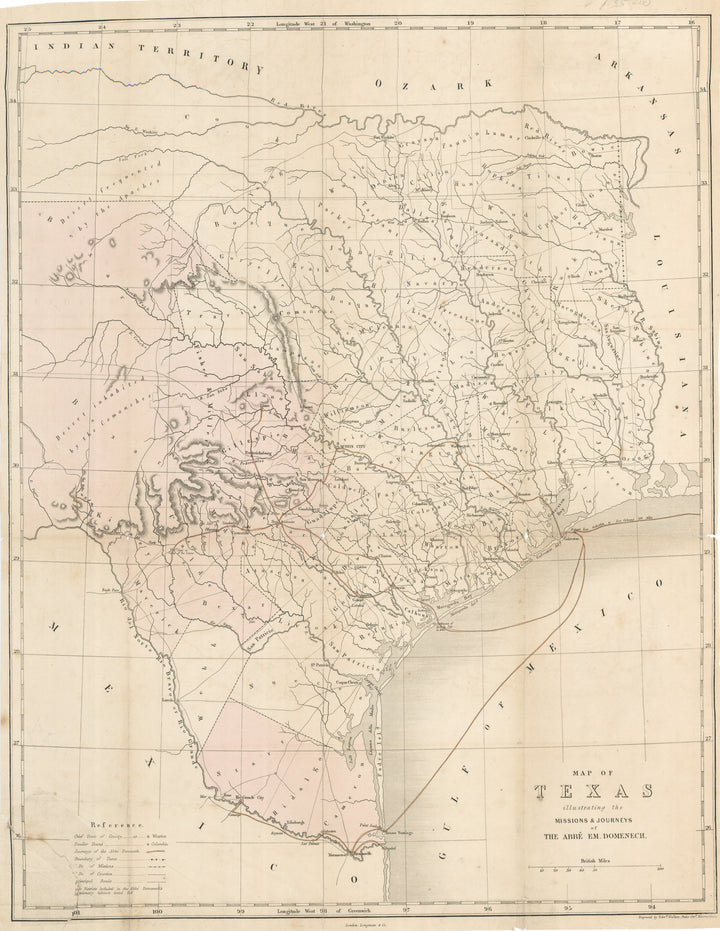 Antique Map of Texas Illustrating the Missions & Journeys of the Abbe Em. Domenech by: Edward Weller, 1858