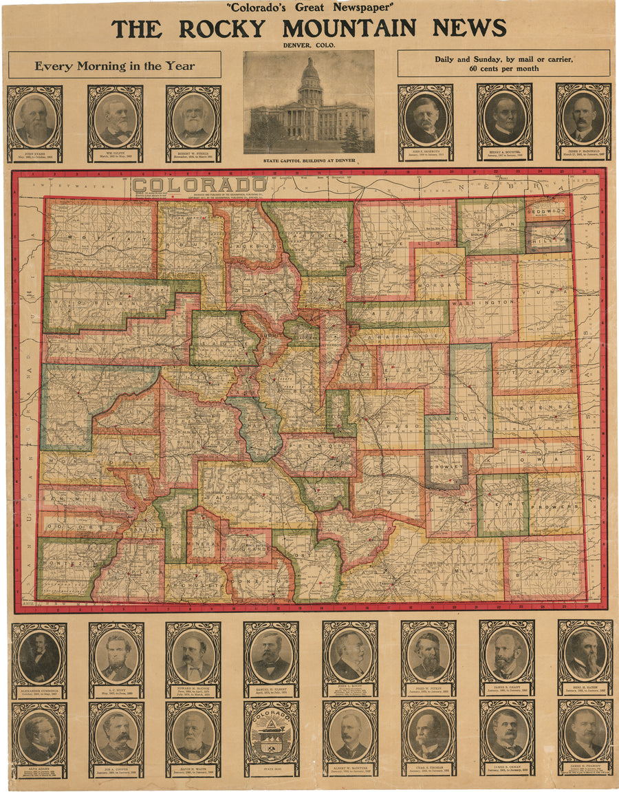 Antique Map of Colorado for the Rocky Mountain News, 1913