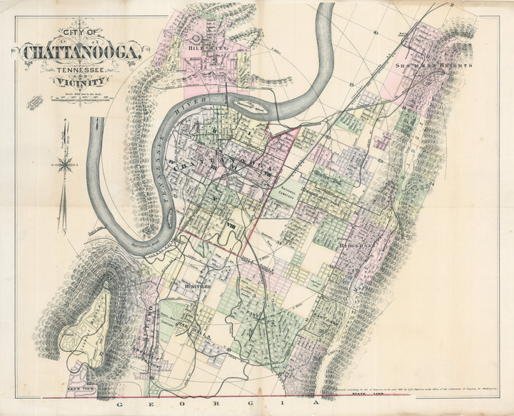 Antique Map City of Chattanooga, Tennessee and Vicinity By: G.M. Hopkins, 1889
