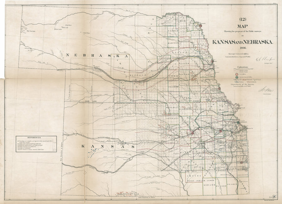 1866 Map Showing the progress of the Public surveys in Kansas and Nebraska