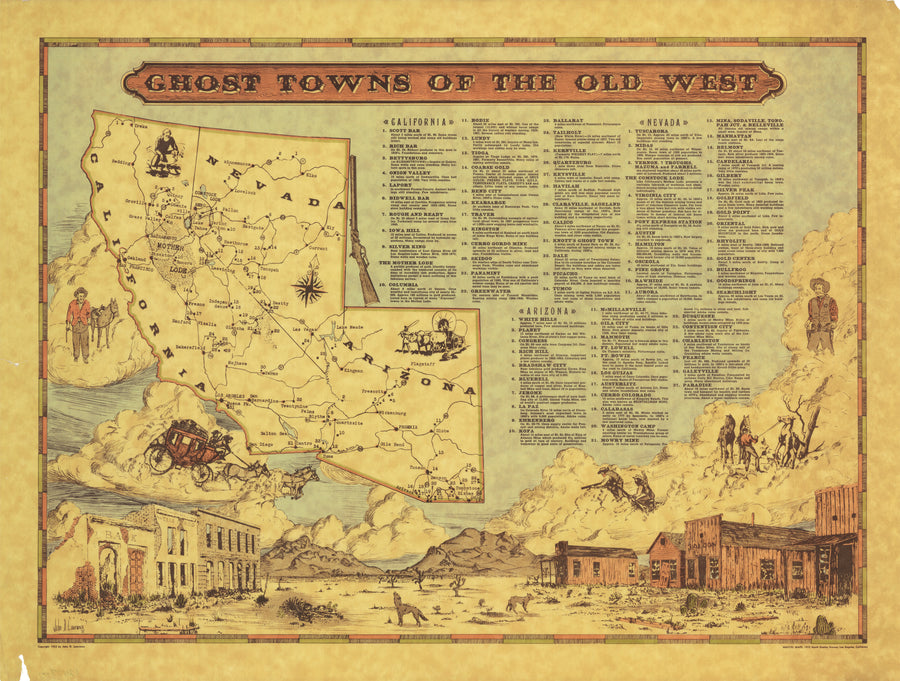 Vintage Map: Ghost Towns of the Old West by John Lawrence, 1952