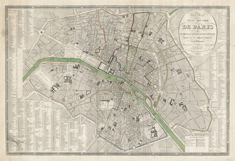 1836 Nouveau plan routier de Paris, ou, guide exact dans cette capitale divisé en 12 arrondissements et en 48 quartiers