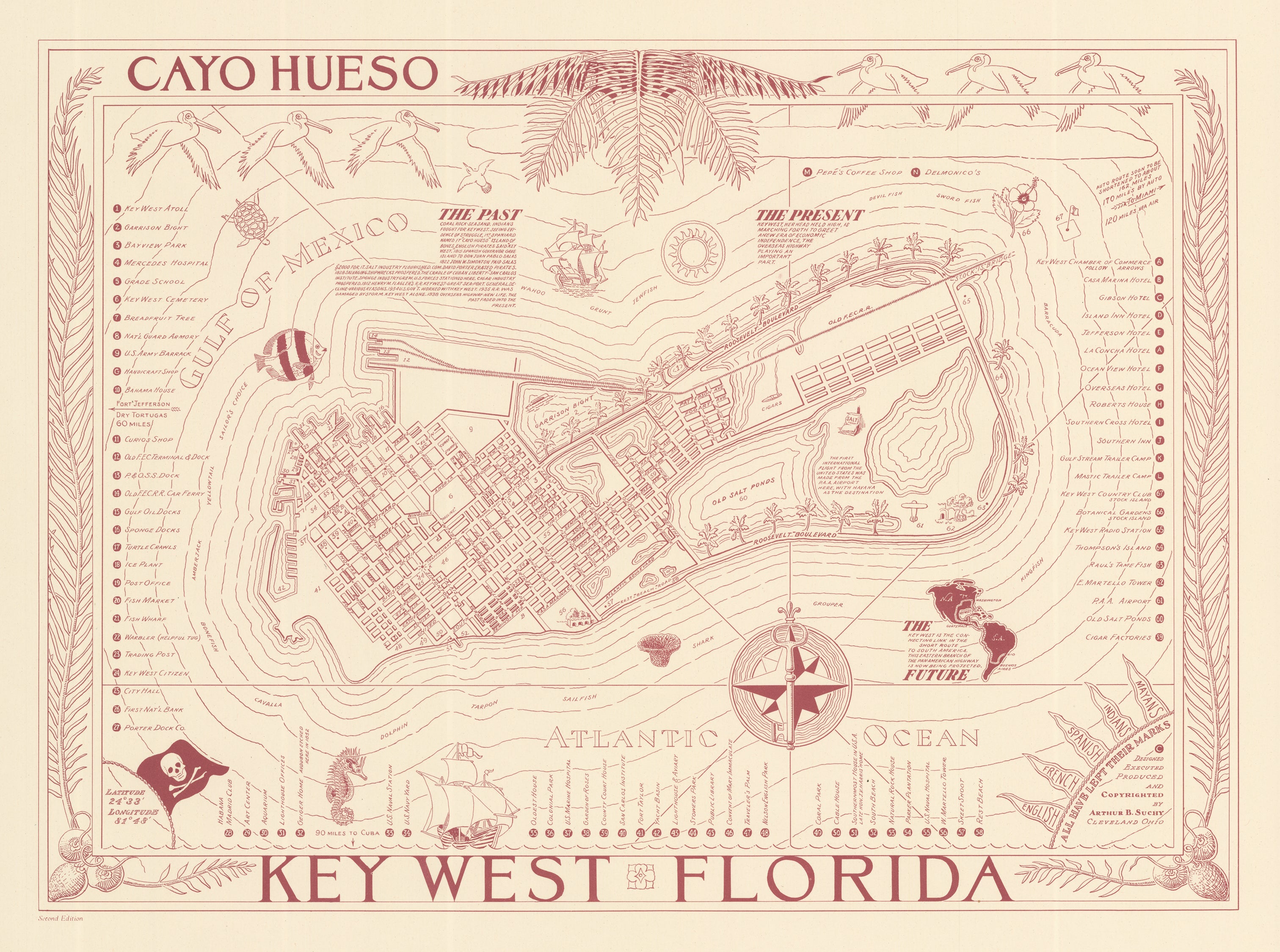 Vintage Map of Key West Florida. Cayo Hueso by Arthur B. Suchy, 1941 