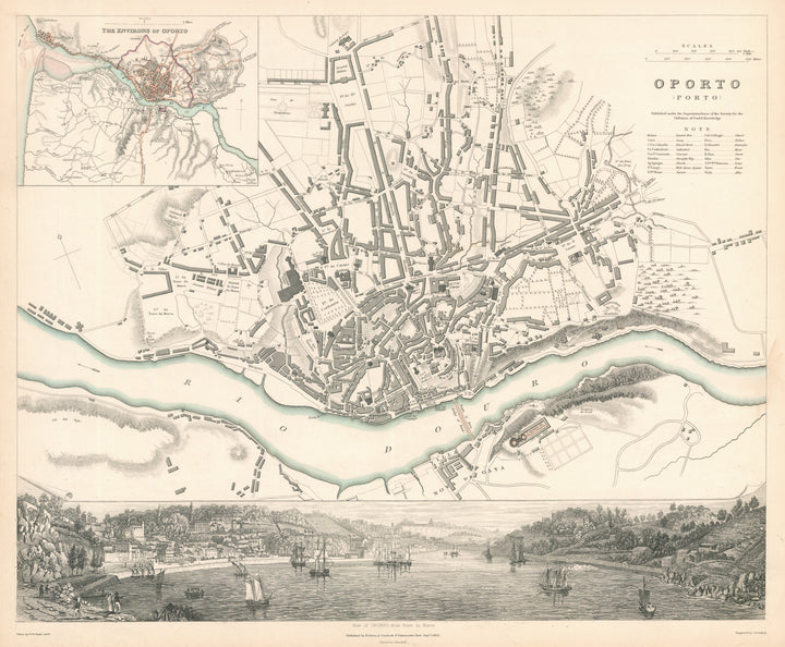 Antique Map of Oporto, Portugal by S.D.U.K. 1833