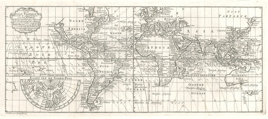 Antique Map of the World - Nieuwe en Nette Zeekaart van de Geheele Waareld By:  O. Lindemann Date: 1775 Dimensions: 8 x 18.5 inches (California as an island)