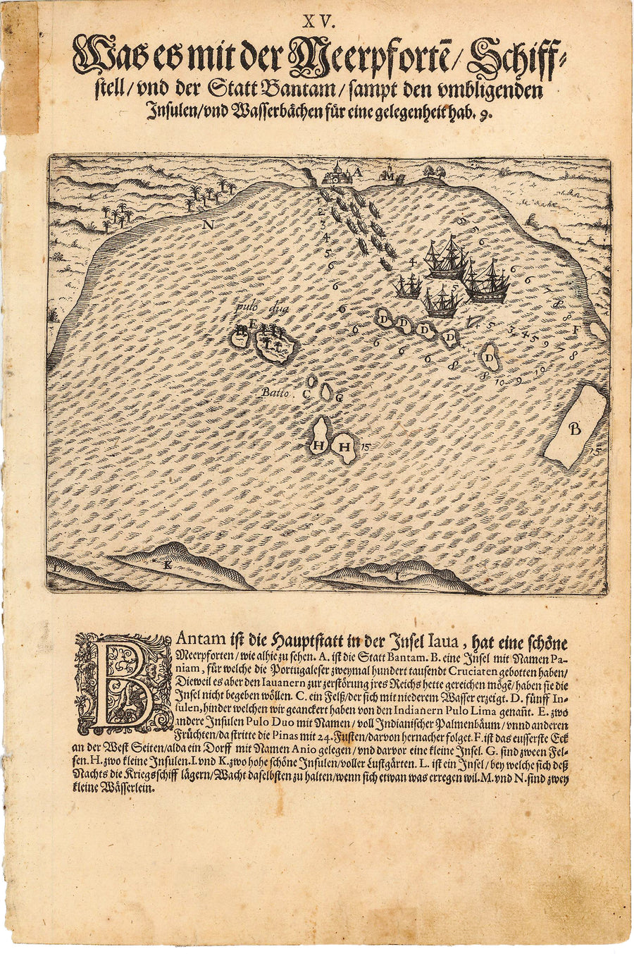 Antique Map of Dutch Fleet in Bay on Bantam, Java - de Bry, 1599