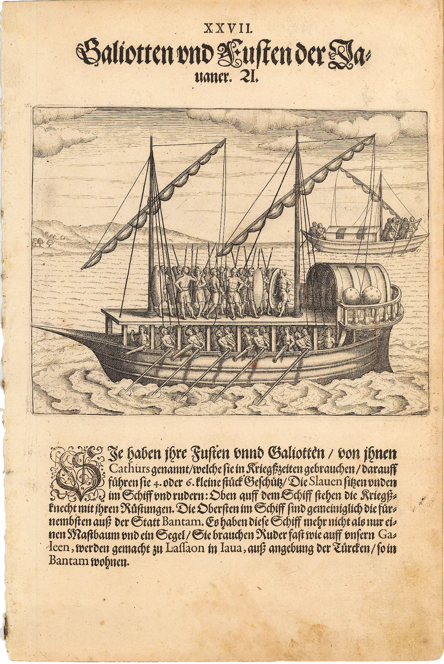 Antique Print of Native Javanese War Ship - de Bry, 1599