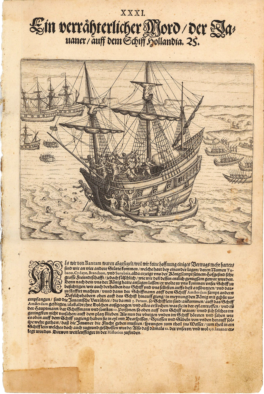 Antique Print Showing Attack on Dutch Ship by Javanese, by de Bry 1599