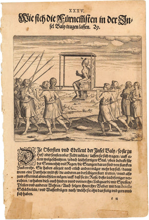 Antique Print Wie sich die Furnemsten in der Insel Baln tragen lassen. XXXV By: Theodor de Bry Date: 1599