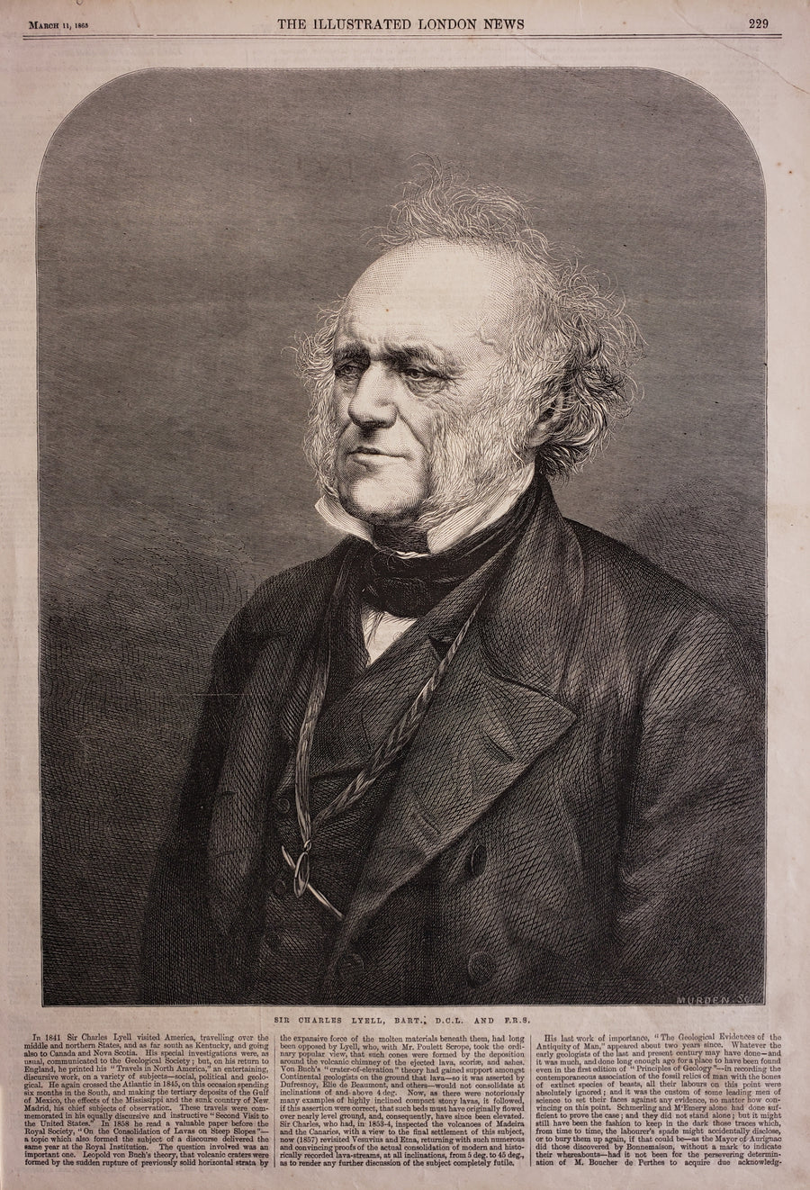 Antique print of Sir Charles Lyell - the London Illustrated News, 1865