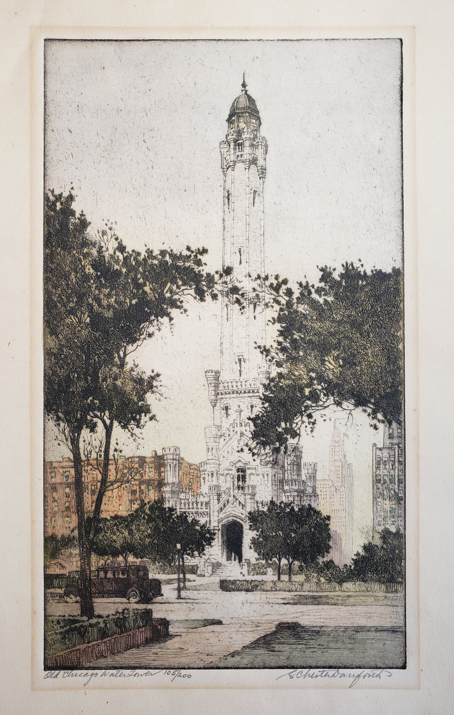 Fine Original Print of the Old Chicago Water Tower - Danforth, 1930s
