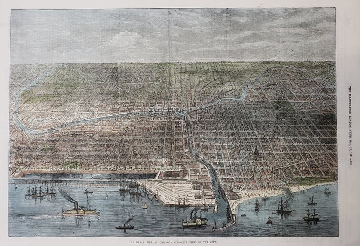 Antique Print | Great Fire at Chicago - Bird's Eye View of the City