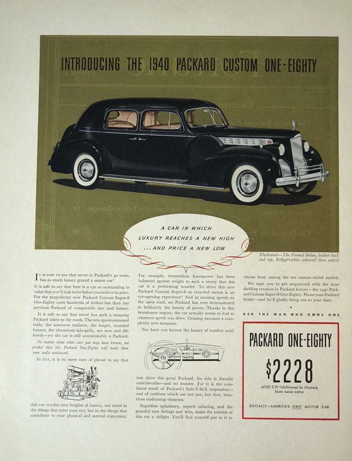 WWII Era Full Page Advertisement for Packard Automotive’s Custom One-Eighty Sedan