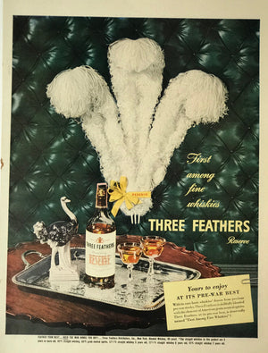WWII Era Full Page Advertisement for Three Feathers Reserve Whiskey