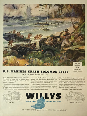 WWII Era Full Page Advertisement for military style Jeeps by Willy’s automotive